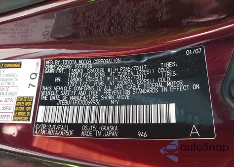 2007 Toyota Fj Cruiser z USA, uszkodzony, nr VIN JTEBU11FX70069936